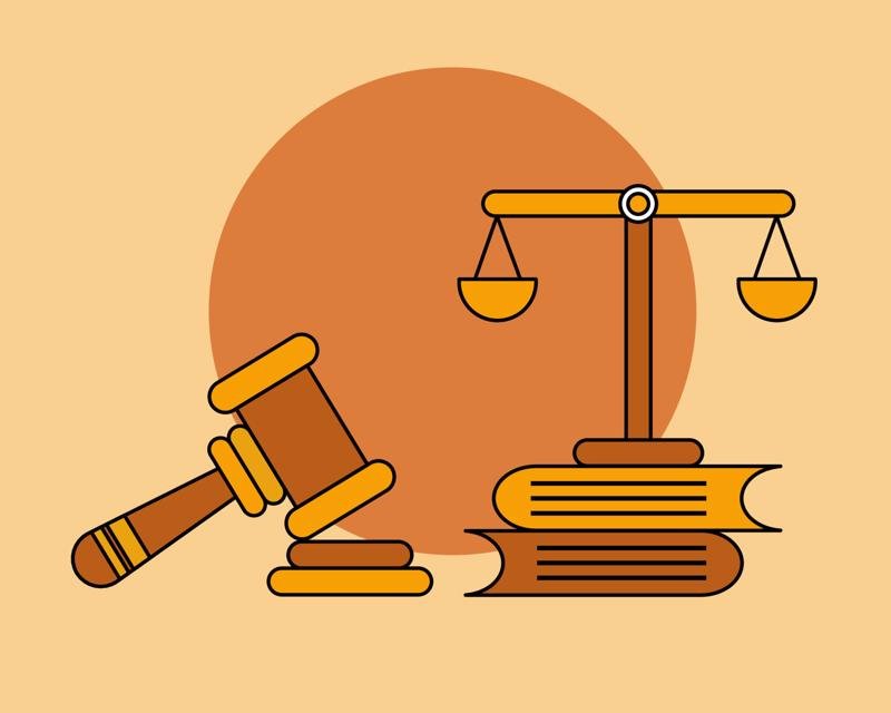 law concept there are many books and scales of justice in cartoon style for your design vector